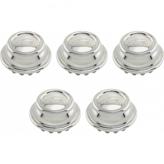 Model A Ford Hub Cap Set - 5 Pieces - Nickel Plated - Ford Script - Fits 2-5/8 Rim Opening - Show Car Top Quality