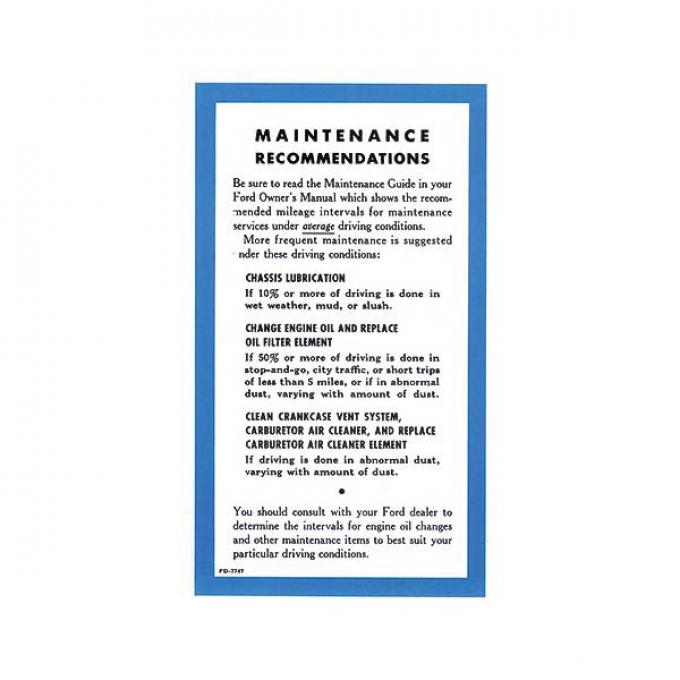 Owner's Manual Maintenance Sheet - Ford & Mercury