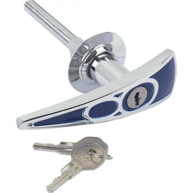 Locking Trunk Lid Handle - Chrome With V8 On A Blue Background - Includes 2 Keys - Ford