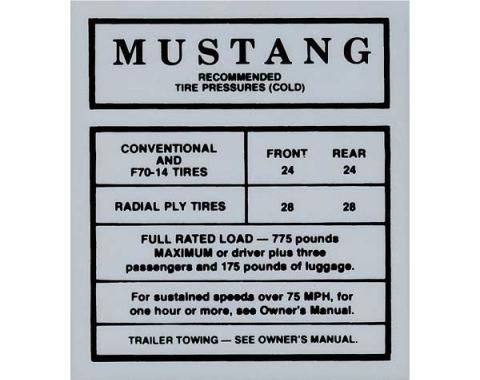 Ford Mustang Decal - Glove Box Tire Pressure - Through Early 1968