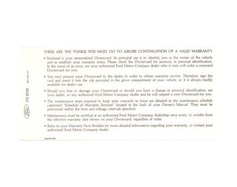 Ford Mustang Warranty Card Instruction Sheet - Personalized - Through Early 1969