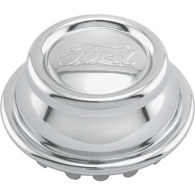 Model A Ford Hub Cap - Chrome Plated - Ford Script - Fits 2-5/8 Rim Opening - Show Car Top Quality
