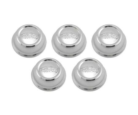 Model A Ford Hub Cap Set - 5 Pieces - Chrome Plated - Ford Script - Fits 2-5/8 Rim Opening - Reproduction