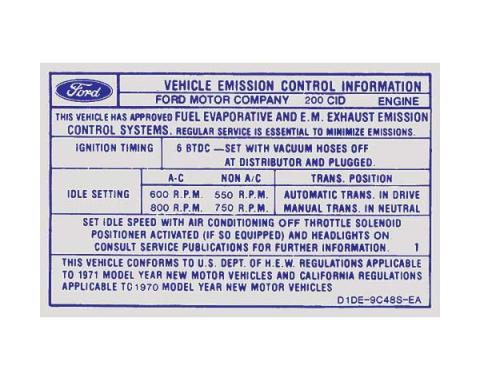 Ford Mustang Decal - Emissions - 200 6 Cylinder With 1 Barrel Carburetor And Automatic Or Manual Transmission