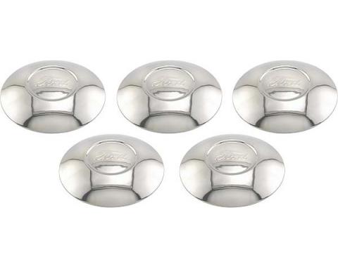 Model A Ford Hub Cap Set - 5 Pieces - Stainless Steel - Ford Script - Fits 3-3/4 Rim Opening - Reproduction
