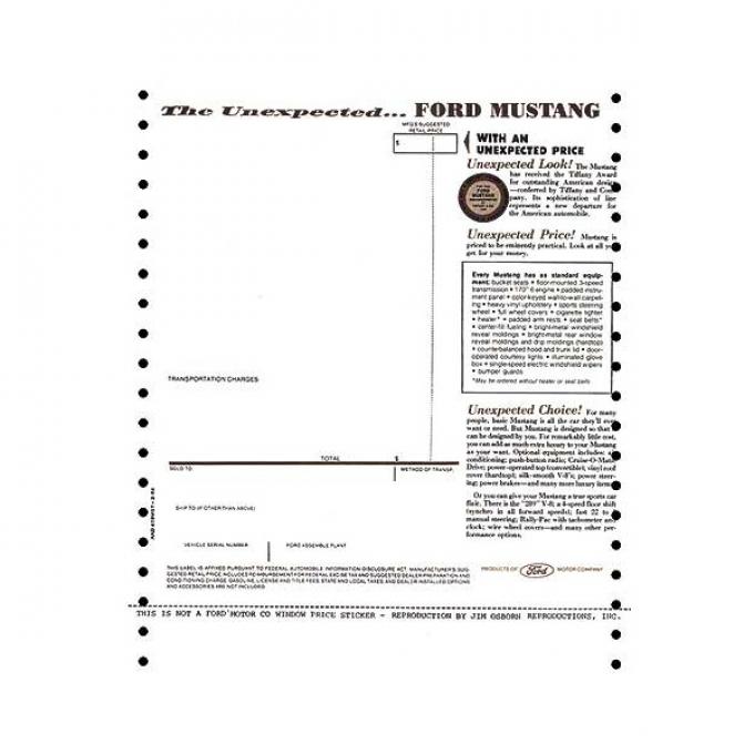 Ford Mustang New Car Window Price Sticker - Late 1964