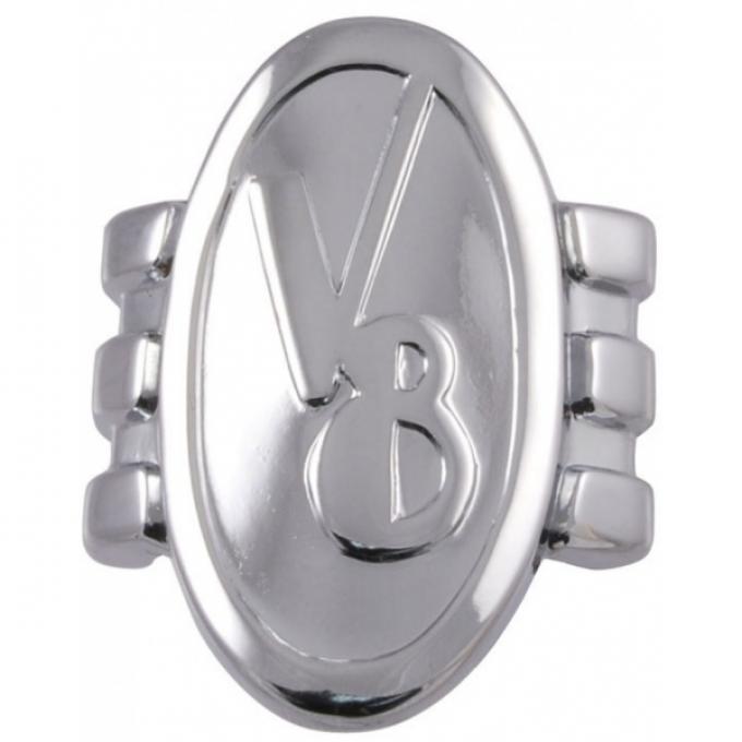 V8 Hood Emblem - Front - With Hardware - Die Cast - All Chrome - Ford Passenger, 1941