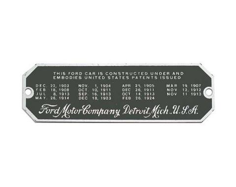 Model T Ford Patent Plate - Aluminum Finish