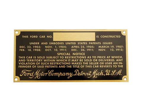 Model T Ford Serial & Patent Plate - Brass Finish