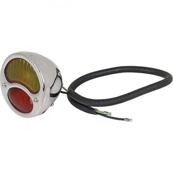 Model A Ford Tail Light Assembly - Left - Stainless Steel -With 6 Volt Bulbs - With Clear License Lens On Bottom