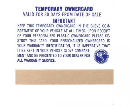Ford Mustang Shelby Temporary Owner's Card