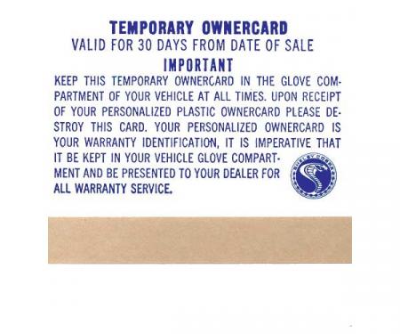 Ford Mustang Shelby Temporary Owner's Card