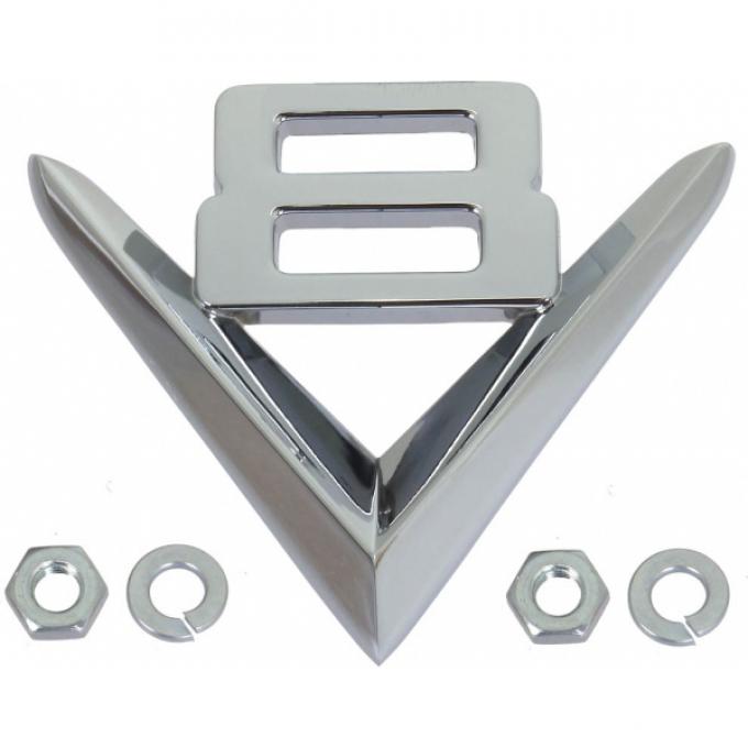 Fender And Quarter Panel Emblem, V8, Chrome, Includes Hardware, 1951-1953