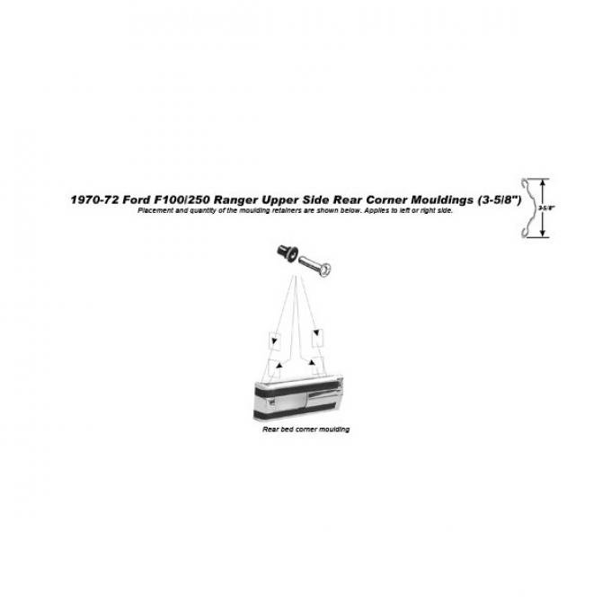 Ford Pickup Truck Bed Side Moulding - Upper Rear Corner - 3-5/8 Wide - With Black Vinyl Stripes - Left - F100 & F250 Ranger