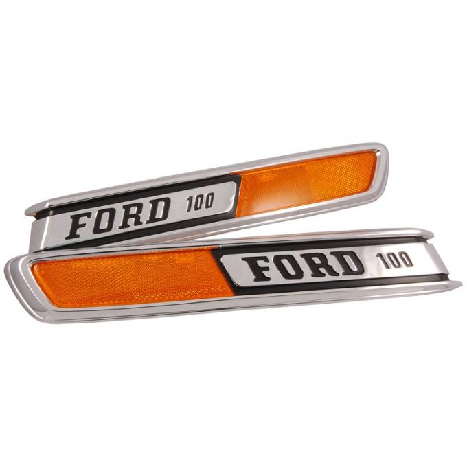 Dennis Carpenter Hood Side Emblems - "FORD 100" - 1968-72 Ford Truck C8TZ-16720-PR