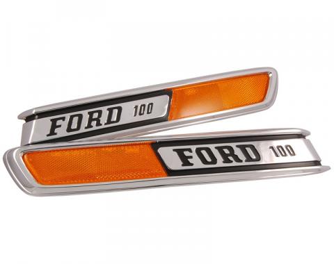 Dennis Carpenter Hood Side Emblems - "FORD 100" - 1968-72 Ford Truck C8TZ-16720-PR