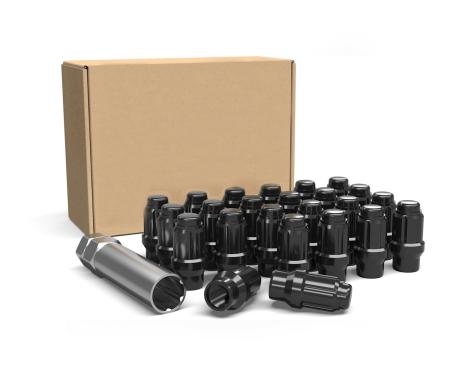 Factory Reproductions Install Kit 12mm X 1.50 Et (1.57") spline Bulge Acorn Black 24 Lug Nuts+Key(c) L-KIT12150ETB-24-SP