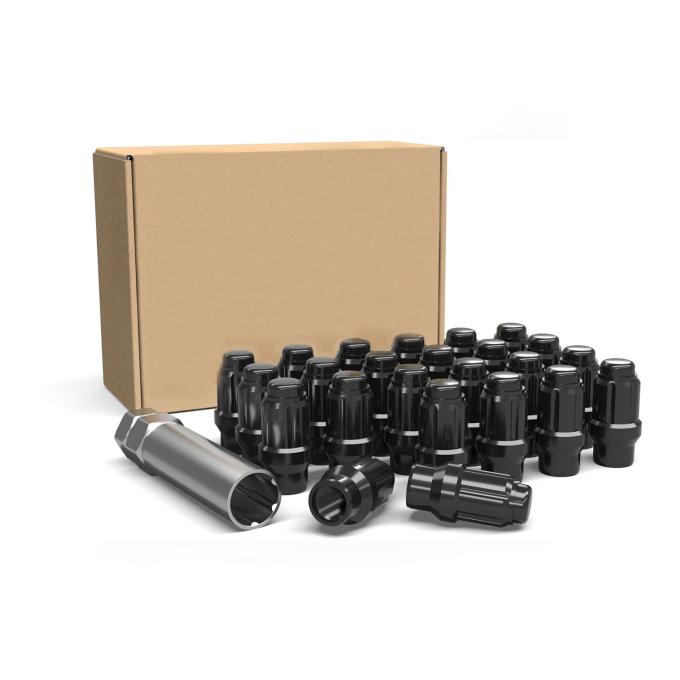 Factory Reproductions Install Kit 12mm X 1.50 Et (1.57") spline Bulge Acorn Black 24 Lug Nuts+Key(c) L-KIT12150ETB-24-SP