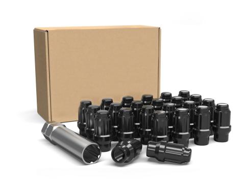 Factory Reproductions Install Kit 12mm X 1.50 Et (1.57") spline Bulge Acorn Black 24 Lug Nuts+Key(c) L-KIT12150ETB-24-SP