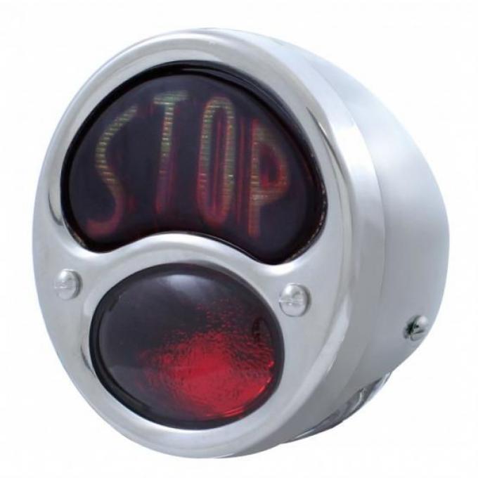 United Pacific STOP Script 12V Tail Light w/SS Housing For 1928-31 Ford Model A - L/H A1001-12VSTP