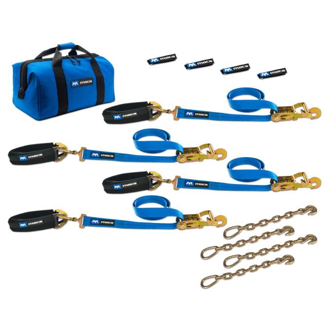 Race Ramps 2 x 8 Pro Pack Premium Tie-Down Strap Kit with 24 Axle Strap, Direct Hook Ends & Chain Extensions - Blue 512619