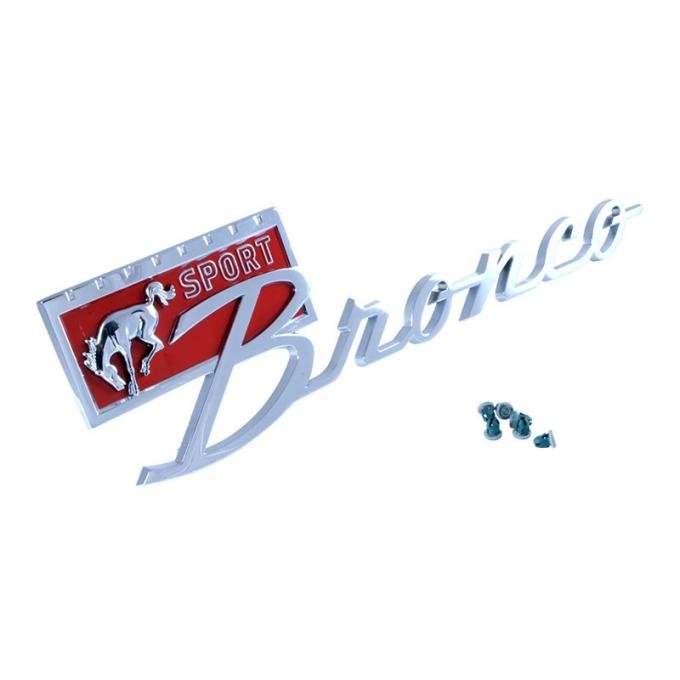 Dennis Carpenter Fender Emblem - Chrome w/Red - "Bronco Sport" - 1967-77 Ford Bronco C7TZ-16098-A