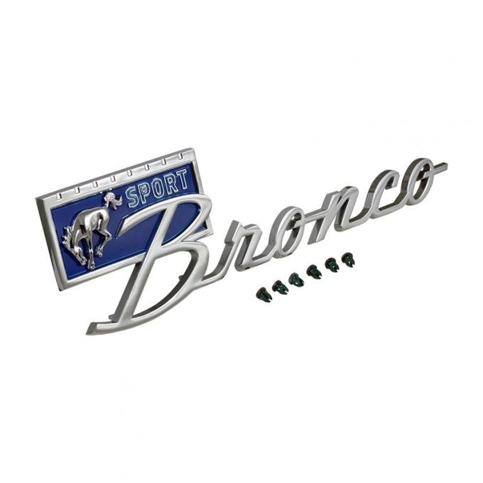 Dennis Carpenter Fender Emblem - Chrome w/Blue - "Bronco Sport" - 1967-77 Ford Bronco C7TZ-16098-BLU