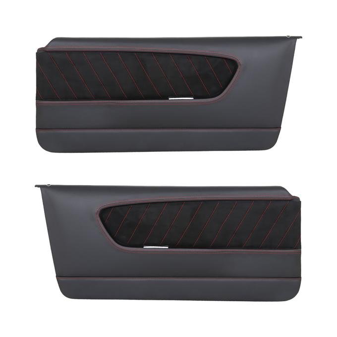 TMI Front Molded Door Panels, Sport-R Pattern  1964-1966 Ford Mustang, Charcoal Black Verona Vinyl, Black Unisuede W/Red Stitch 11-70000-6525-99-RS