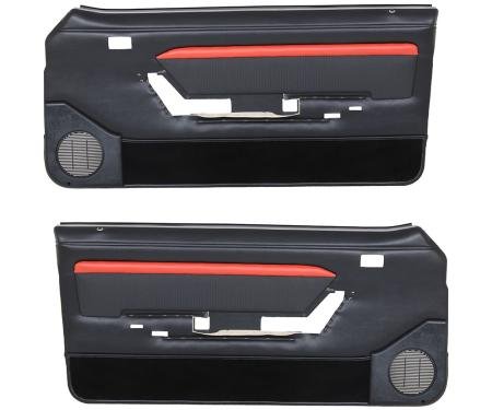 TMI Door Panels, Front Only Factory Replacement OE Pattern  1987-1989 Ford Mustang, Black Sierra Vinyl, Black Cut Pile Carpet W/Red Stripe 10-74007-958-801-63S