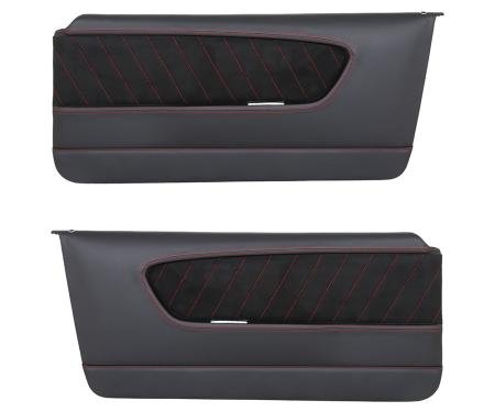 TMI Front Molded Door Panels, Sport-R Pattern  1964-1966 Ford Mustang, Charcoal Black Verona Vinyl, Black Unisuede W/Red Stitch 11-70000-6525-99-RS