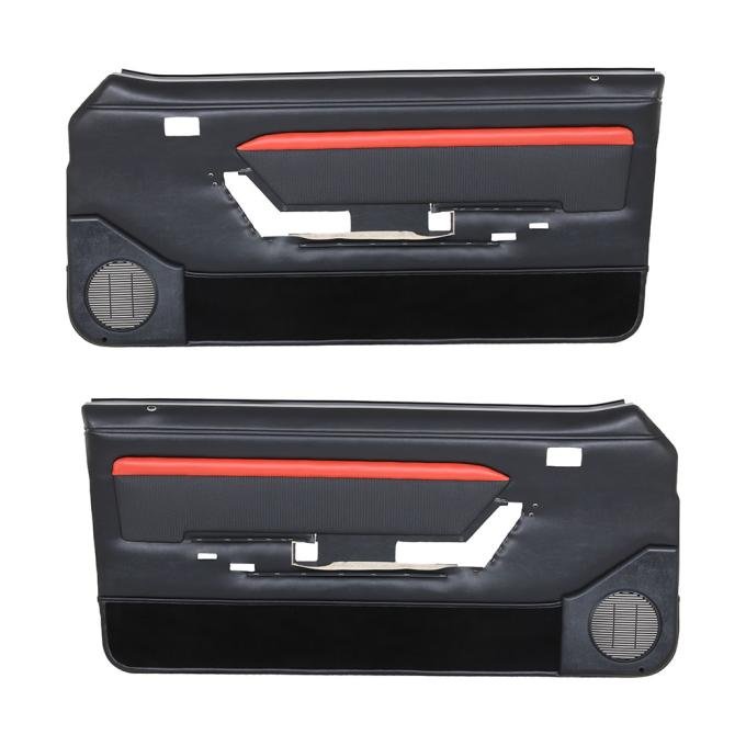 TMI Door Panels, Front Only Factory Replacement OE Pattern  1987-1989 Ford Mustang, Black Sierra Vinyl, Black Cut Pile Carpet W/Red Stripe 10-74007-958-801-63S