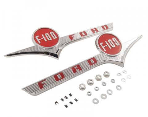 Dennis Carpenter Hood Side Emblem - "FORD F-100" - Chrome with Red - 1956 Ford Truck B6C-16720-PR