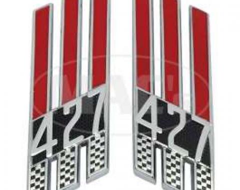 Fender Ornament - 427 3-Bar Emblem - Die-Cast Chrome On Red Background