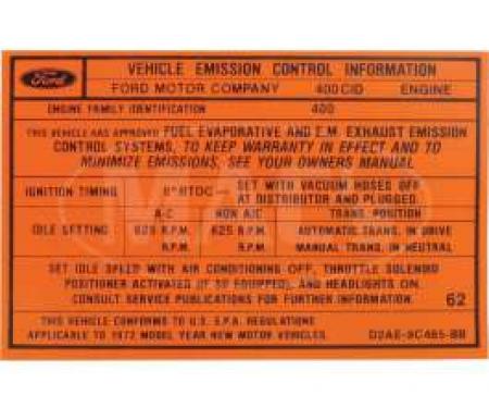 Emission Decal, 400-2V AT, Galaxie, 1972