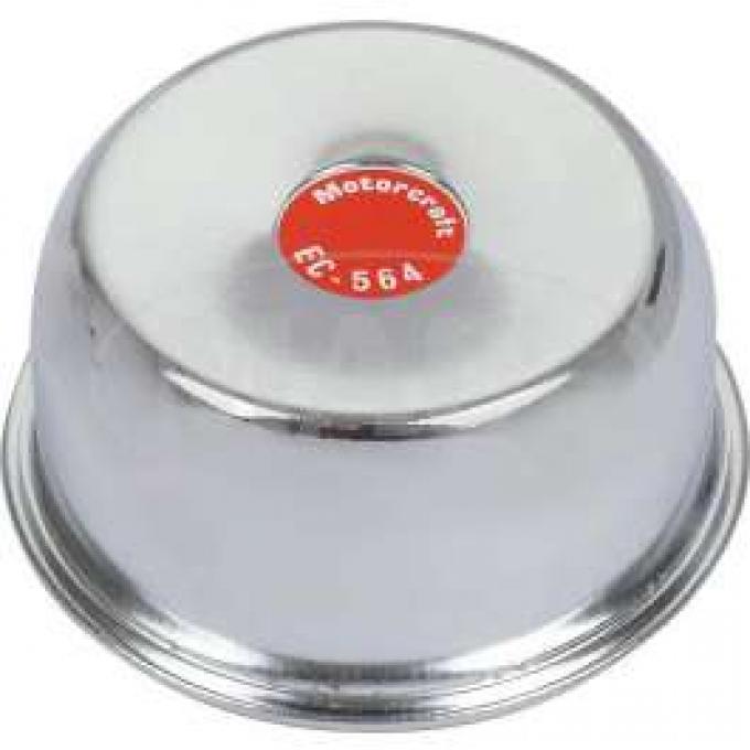 Oil Filler Breather Cap - Reproduction - With Straight Spout - Push-On Type - Chrome With FoMoCo Logo - 250 6 Cylinder Or 289 Or 302 V8