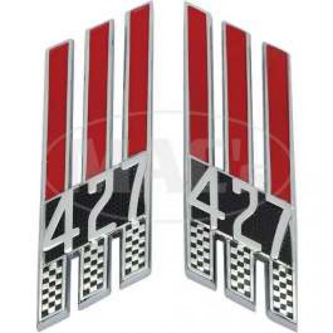 Fender Ornament - 427 3-Bar Emblem - Die-Cast Chrome On Red Background