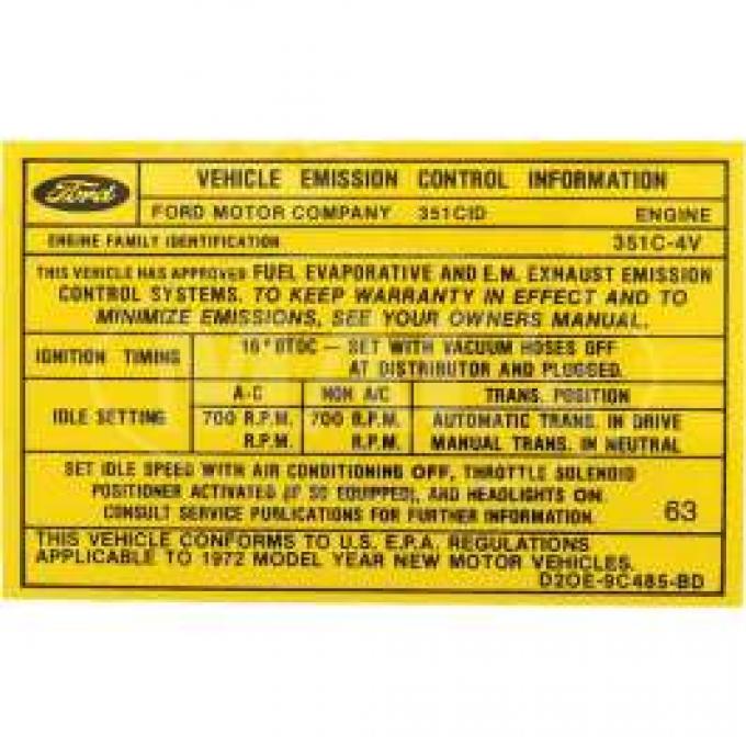 Emission Decal, 351C-4V AT/MT, Ranchero, Torino, 1972