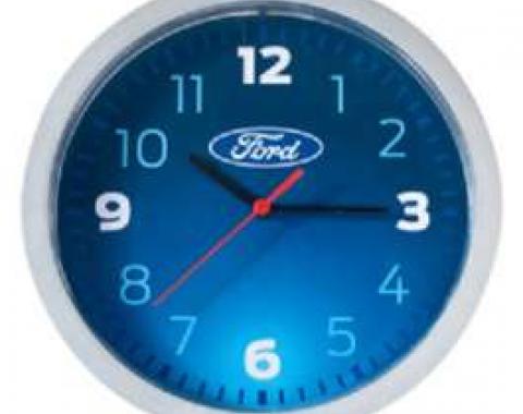 Wall Clock, Metallic, Silver & Blue, W/ Oval, Ford