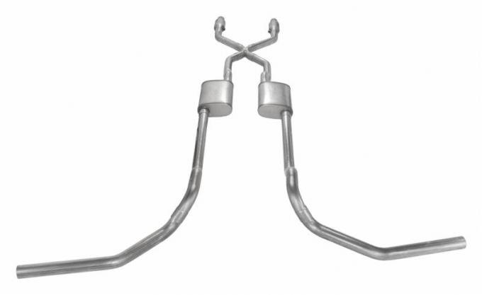 Pypes Crossmember Back w/X-Pipe Exhaust System 75-76 Ford Truck Split Rear Dual Exit 2.5 in Intermediate And Tail Pipe Hardware Incl Muffler And Tip Not Incl Catalytic Converter Incl Exhaust SFT965E