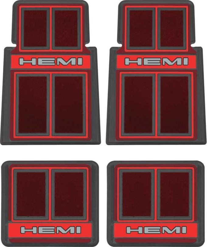 OER 1966-71 Dodge, Plymouth, Hemi Custom Logo Floor Mat Set, Red, 4 Piece Set MD690502