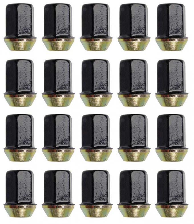 1982-91 GM, Chrysler, Lug Nut, Flat Top Capped, M12-1.50, 19mm Hex Head, 32.5mm Length, Black, 20 Piece Set, Various Models